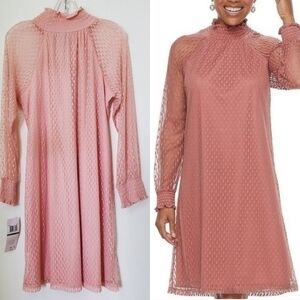 Nina Leonard NWT‎ Women's Blush Pink Mock Neck Long Sleeve Lace Shift Dress
